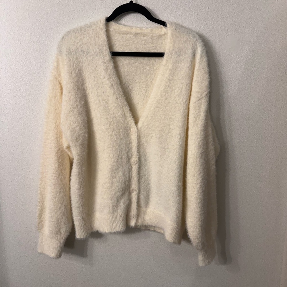 Cream Fuzzy Cardigan Sweater with V-Neck